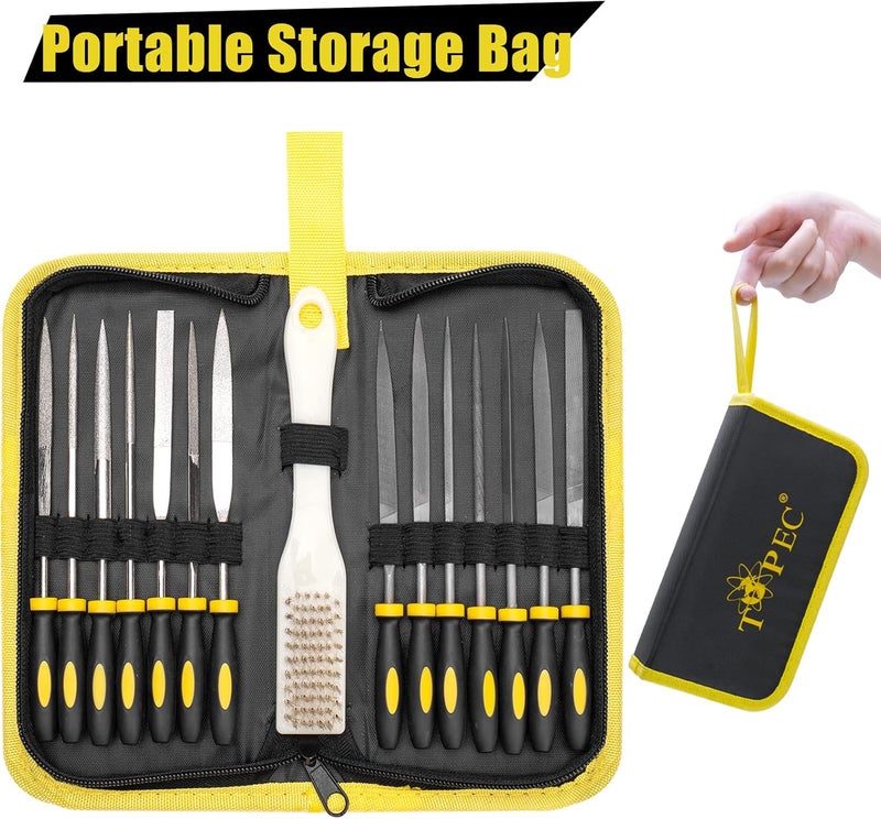 Topec Small File Set, Needle Diamond Files 15PCS, 7pcs Jewlers Files & 7pcs Steel Files with Metal Brush and Storage Bag，for Precision Metal File Work, Wood, Jewelry, Plastic, DIY Carving Tool Kit - Image 5